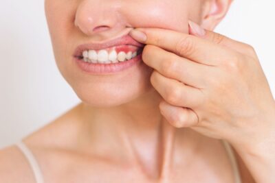Woman pulling back upper lip to reveal dark red gums.